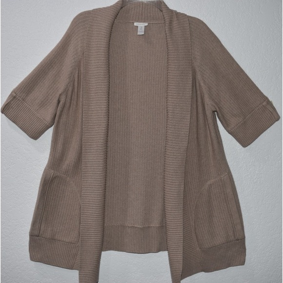 Chicos Cardigan 3/XL Open Front Short Sleeve Knit Sweater Tan Natural Lagenlook - Picture 4 of 16